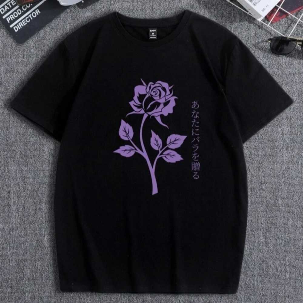 NWT Romwe Japanese Writing Floral Graphic Tee